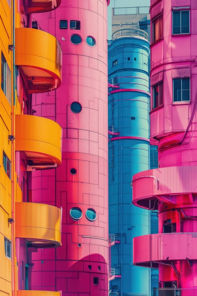 The buildings are brightly coloured architecture outdoors city.