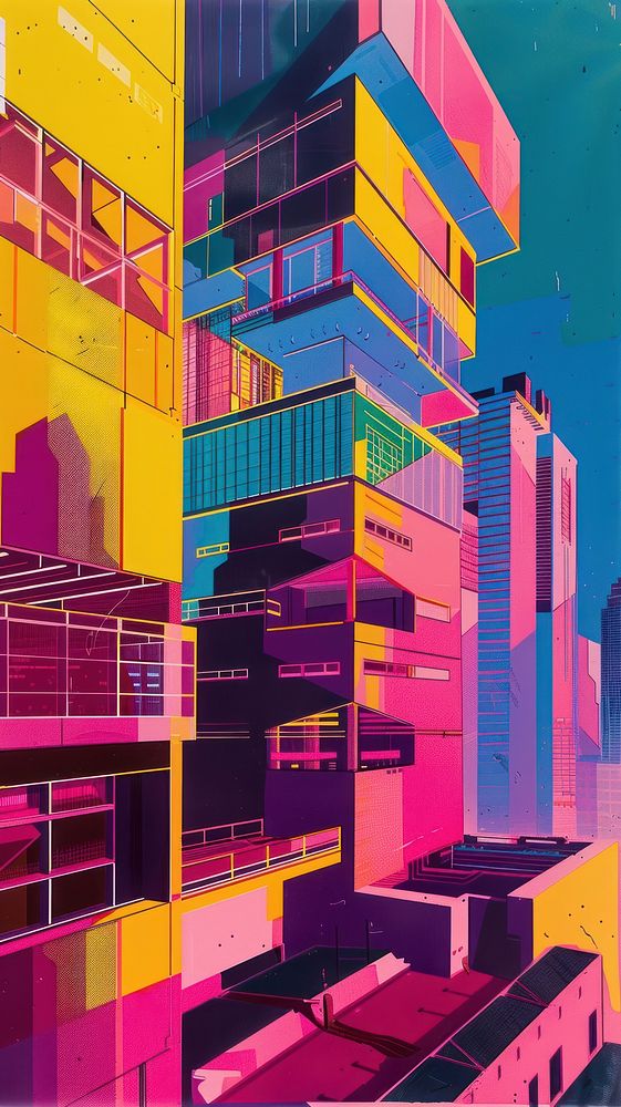 The buildings are brightly coloured city architecture art.