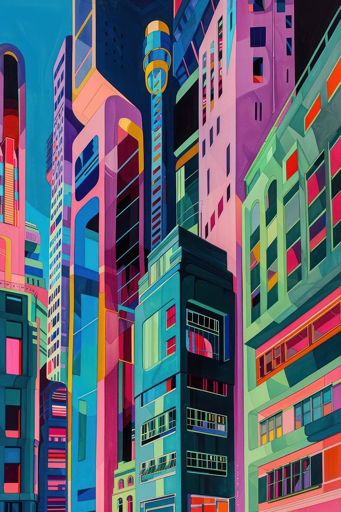 The buildings are brightly coloured architecture metropolis painting.
