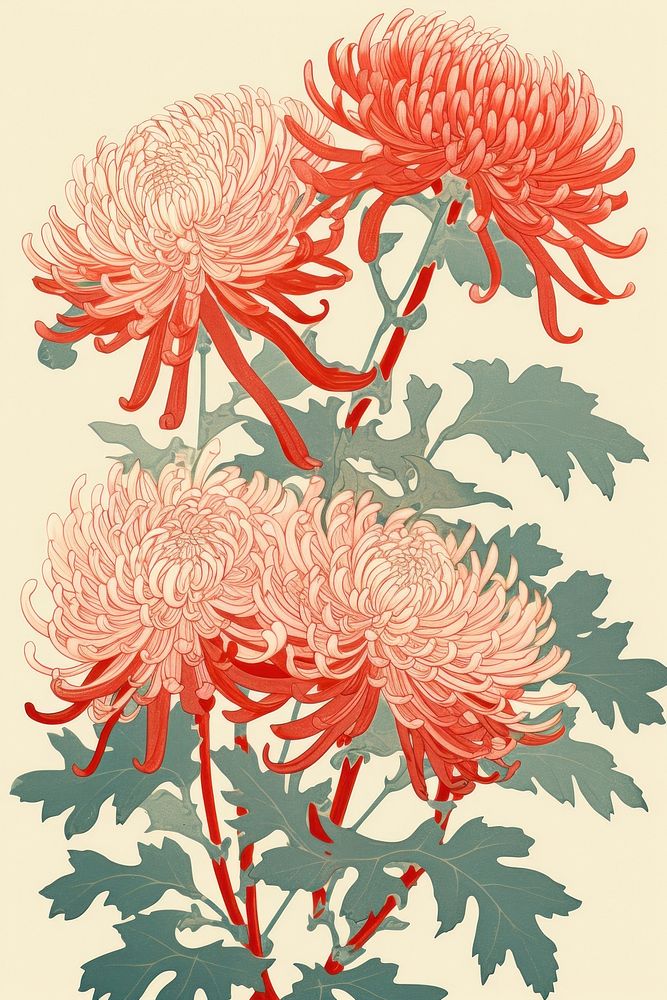 Ukiyo-e art print style Chrysanthemum flower chrysanths pattern.