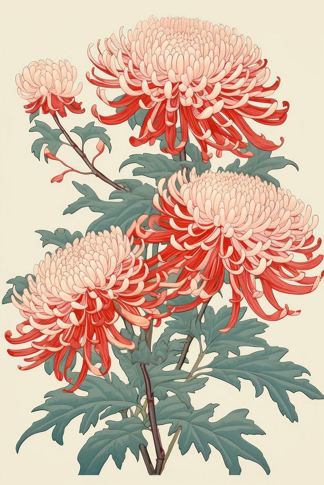 Ukiyo-e art print style Chrysanthemum flower chrysanths pattern.