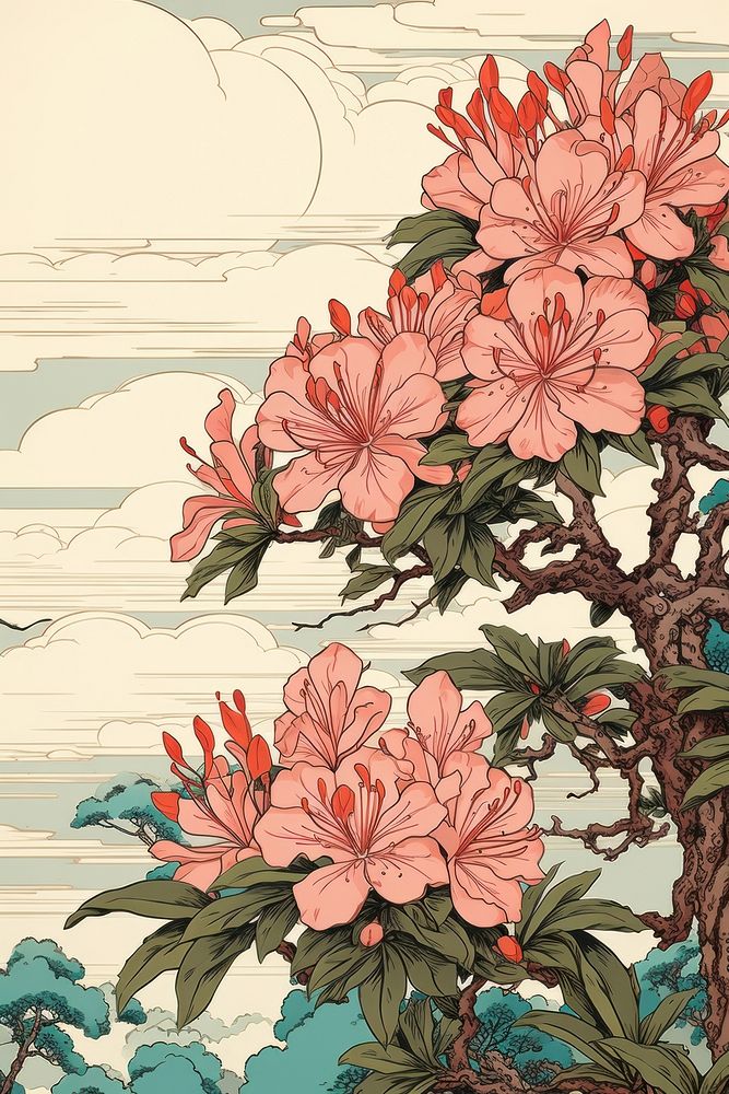 Ukiyo-e art print style Azalea flower pattern plant.
