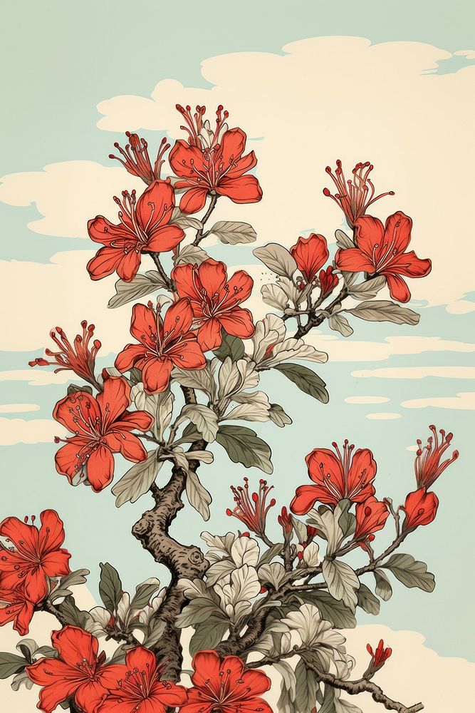 Ukiyo-e art print style Azalea flower blossom pattern.
