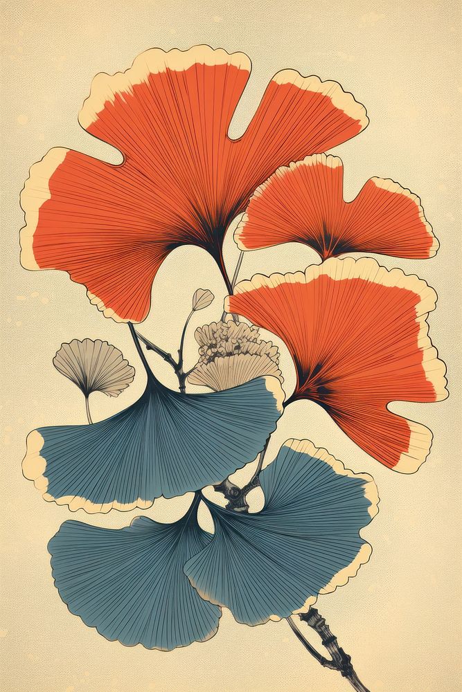 Ukiyo-e art print style Ginkgo Leaf flower leaf petal.
