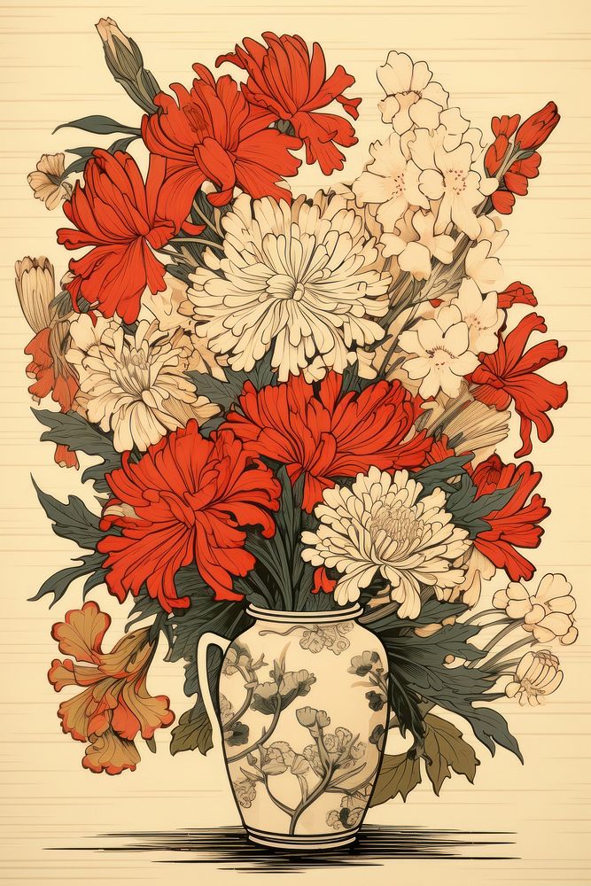 Ukiyo-e art print style Flower vase flower painting pattern.