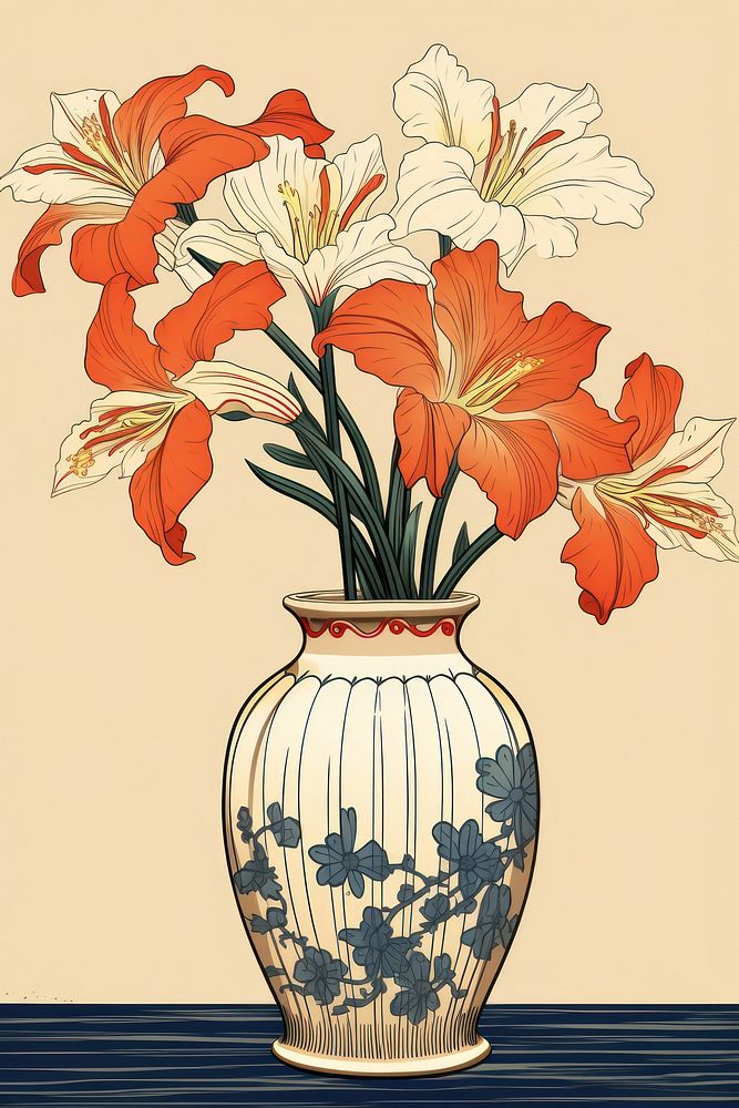 Ukiyo-e art print style Flower vase flower plant creativity.