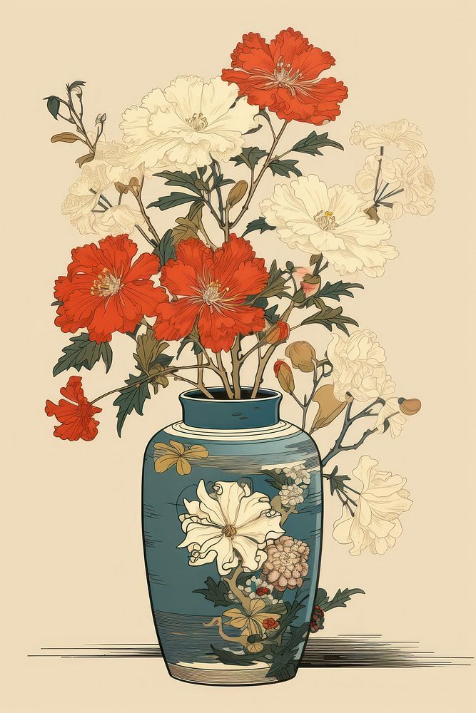 Ukiyo-e art print style Flower vase flower plant jar.