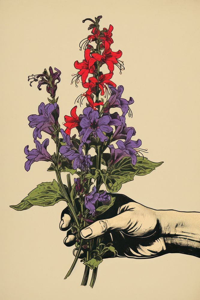 Ukiyo-e art print style flower plant hand.