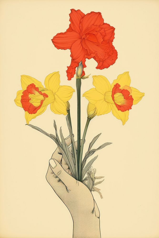 Ukiyo-e art print style flower daffodil holding.