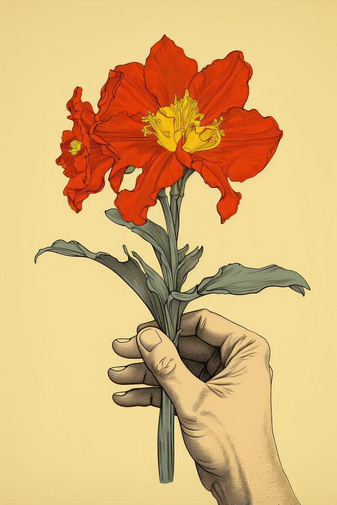 Ukiyo-e art print style flower daffodil holding.