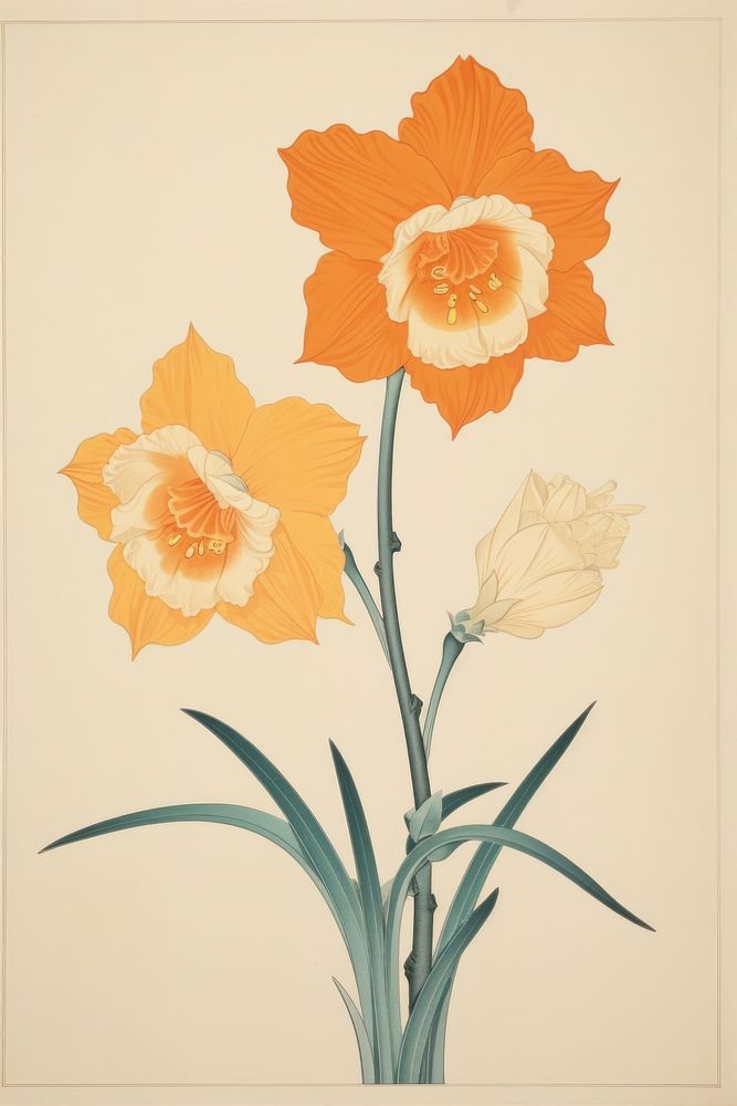 Ukiyo-e art print style daffodil flower plant.