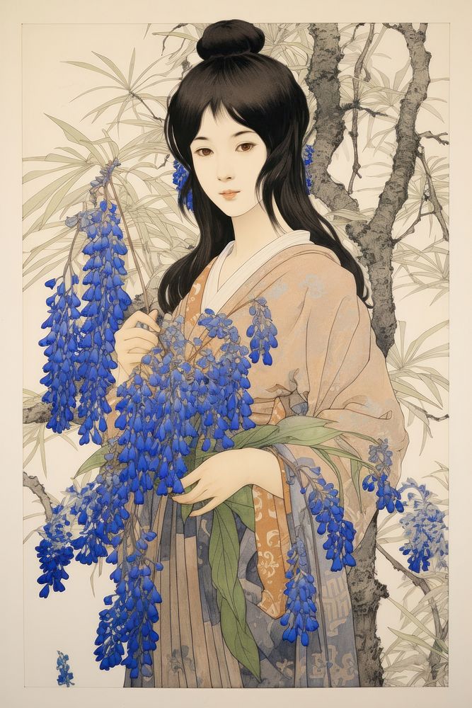 Woman holding Bluebells flower art painting.