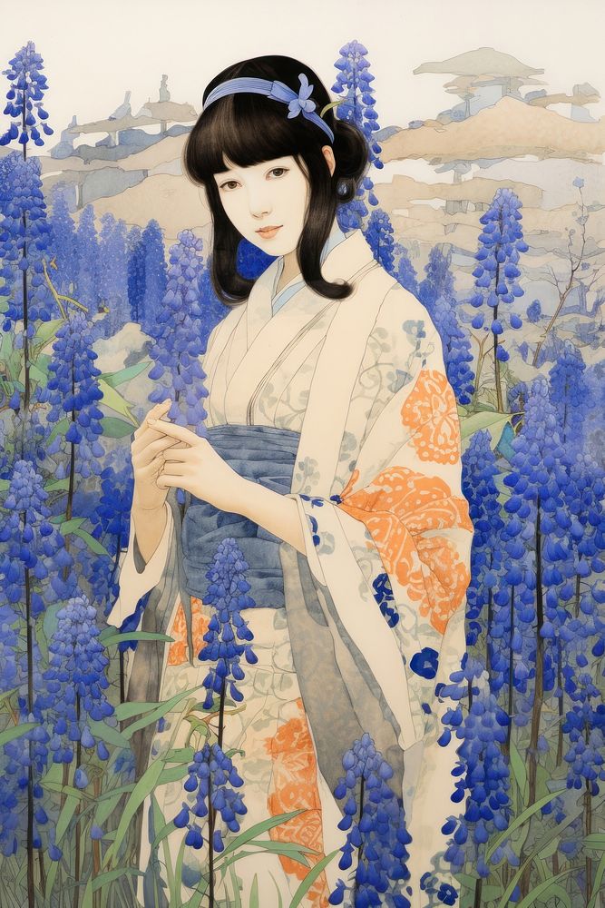 Woman holding Bluebells flower art portrait.
