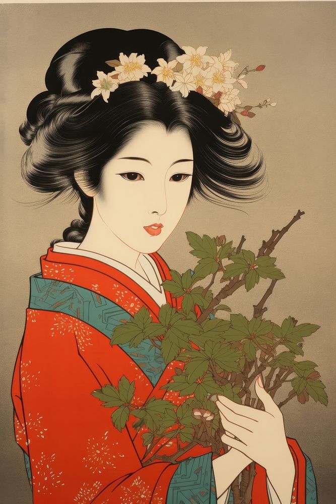 Woman holding Carnation art painting kimono.