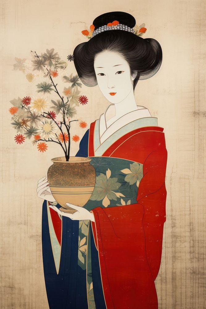 Woman holding Flower vase art painting flower.