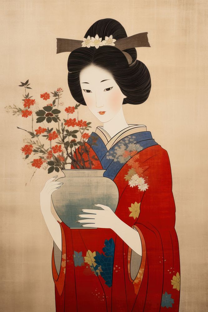 Woman holding Flower vase art painting flower.