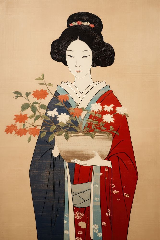 Woman holding Flower vase art kimono flower.