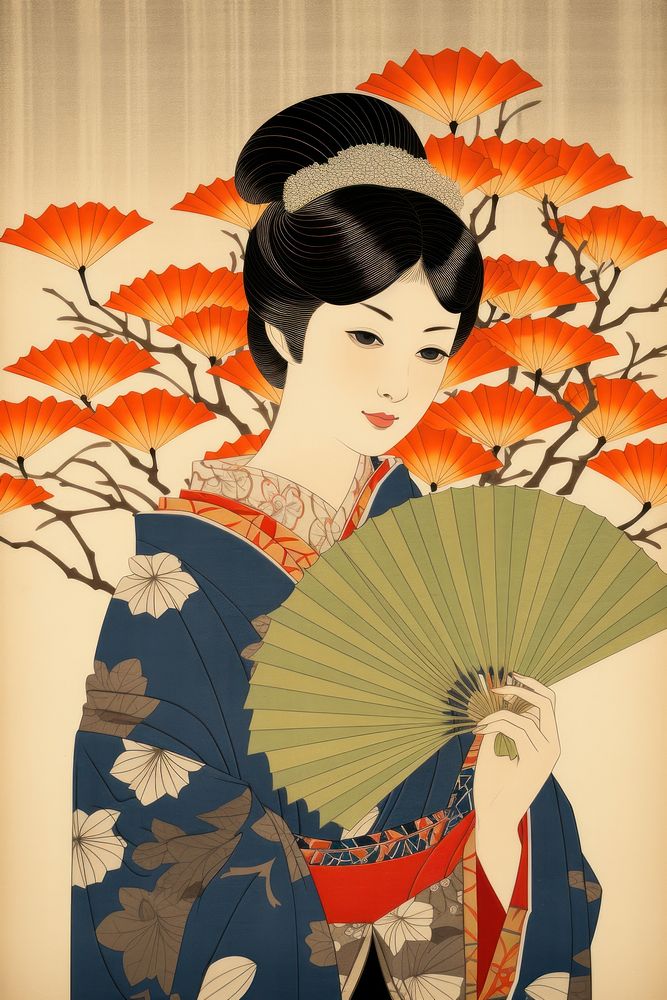 Woman holding Ginkgo Leaf art kimono robe.