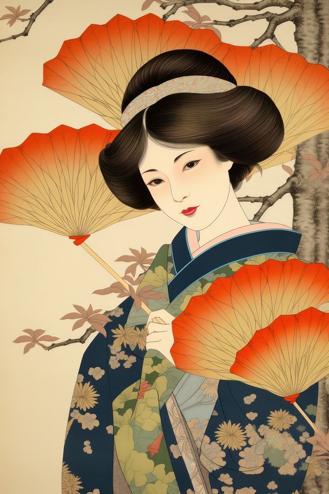 Woman holding Ginkgo Leaf art portrait kimono.