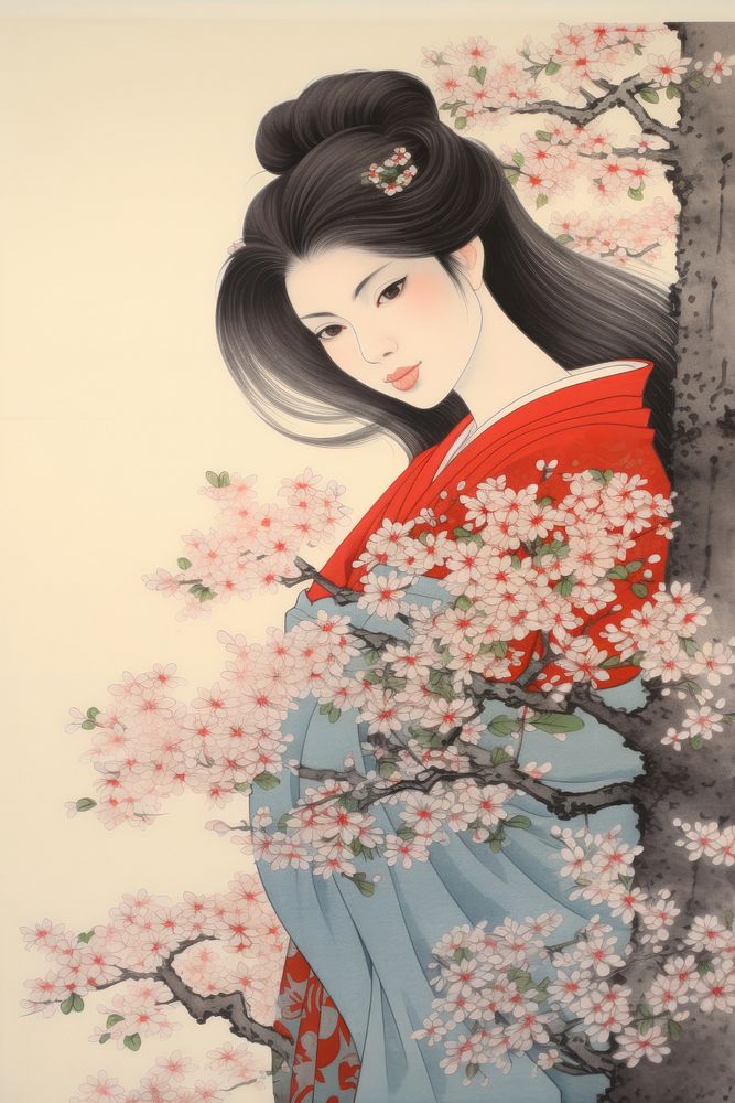 Woman holding Spring flowers art kimono adult.