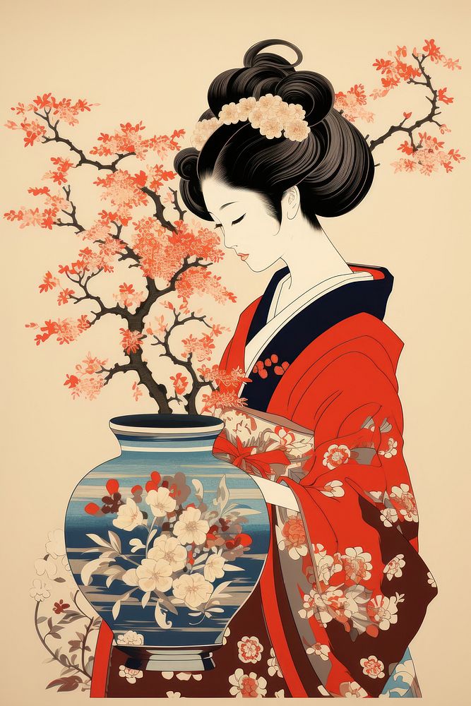 Ukiyo-e art print style woman with Flower vase flower kimono adult.
