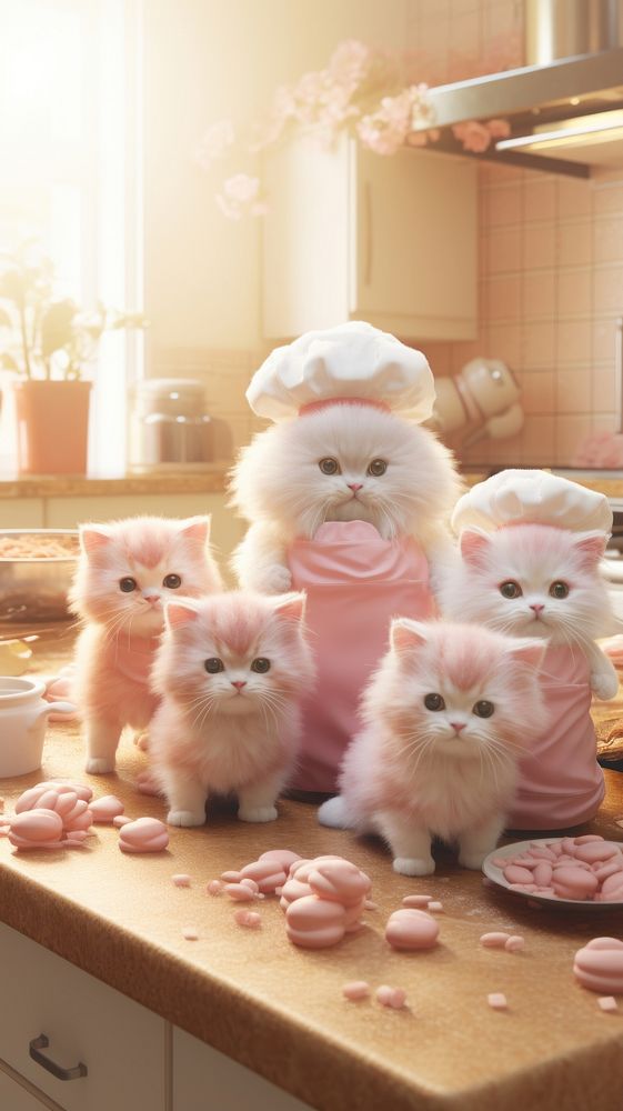 Fluffy pastel cat chef mammal animal kitten.