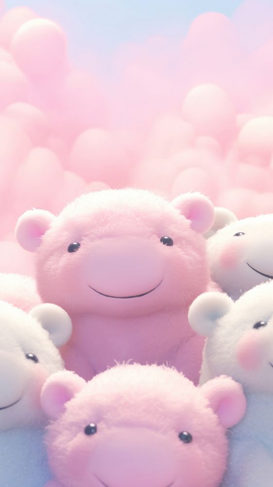 Fluffy pastel hippo cartoon toy representation.