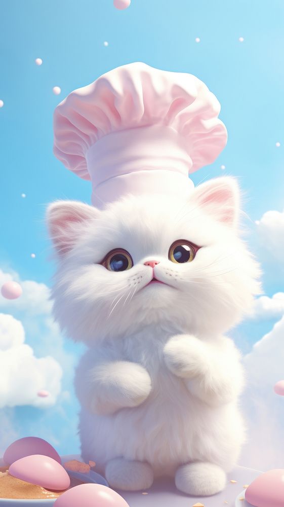 Fluffy pastel cat chef cartoon mammal cute.