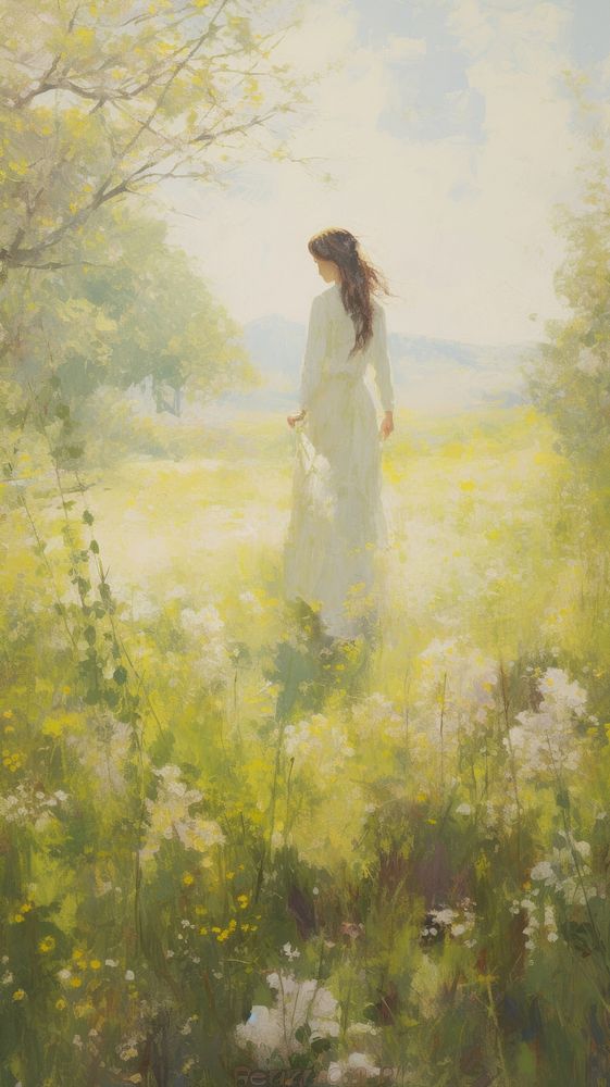 Young woman in a flower meadow in spring painting grassland outdoors.