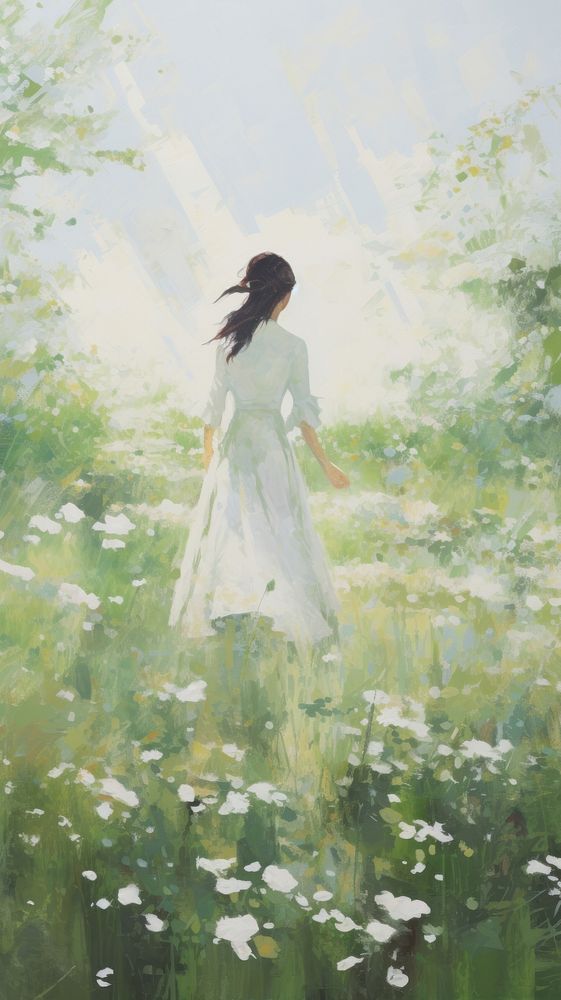 Young woman in a flower meadow in spring painting outdoors walking.