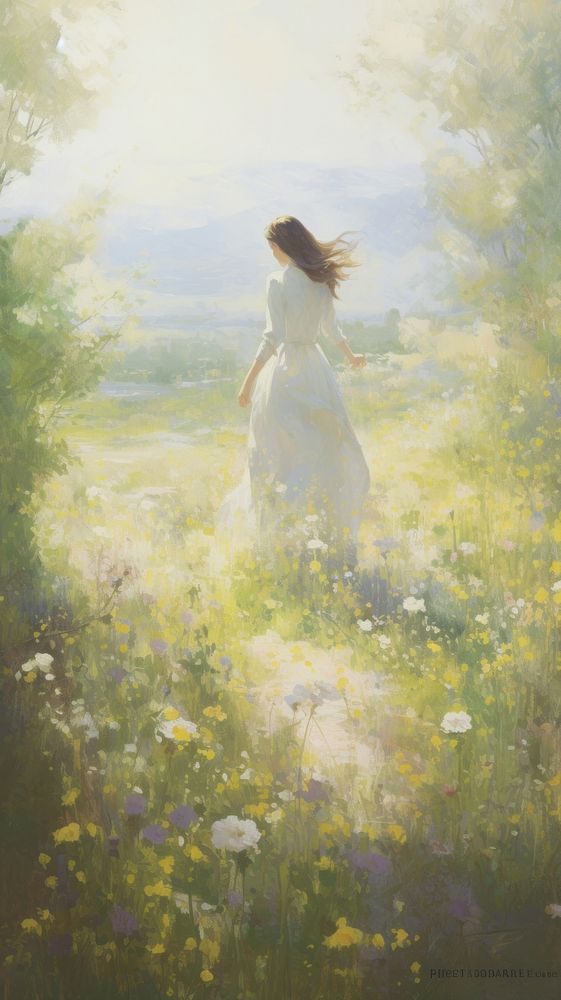 Young woman in a flower meadow in spring painting grassland outdoors.