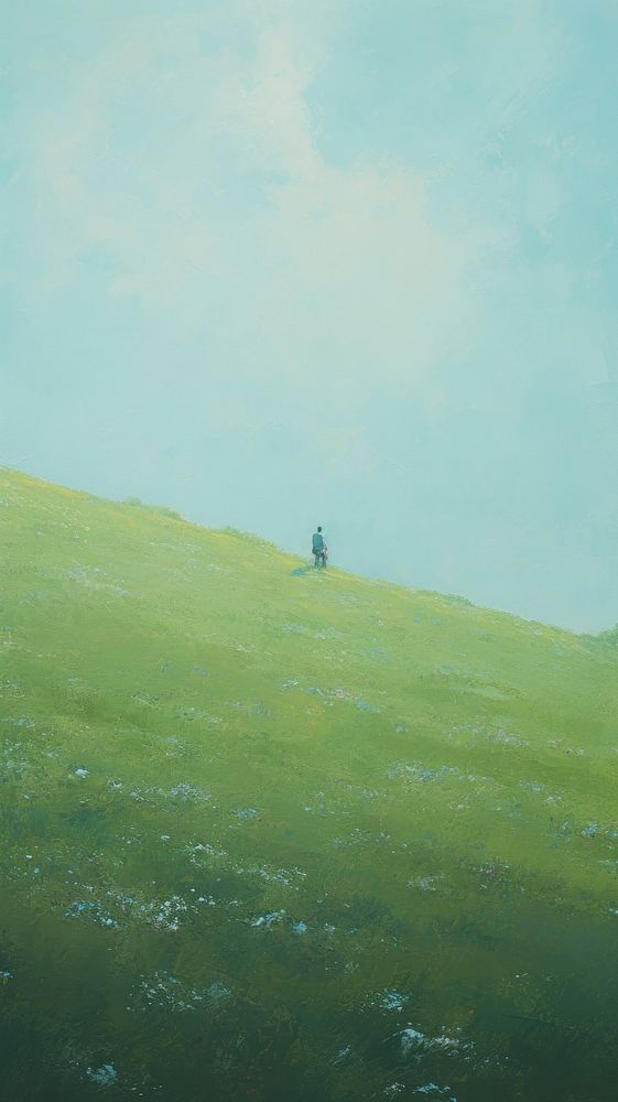 Young man on the grass field on the hill in spring landscape outdoors painting.