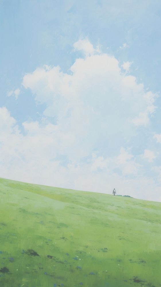 Young man on the grass field on the hill in spring grassland landscape outdoors.