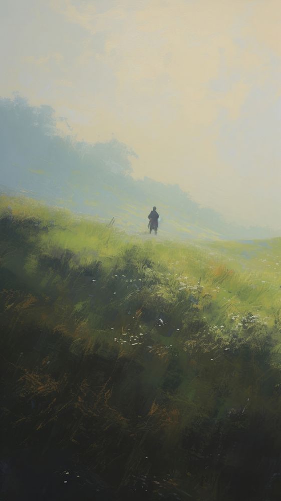 Young man on the grass field on the hill in spring painting landscape outdoors.