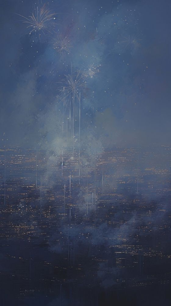 A festive fireworks display over the city at night backgrounds painting outdoors.