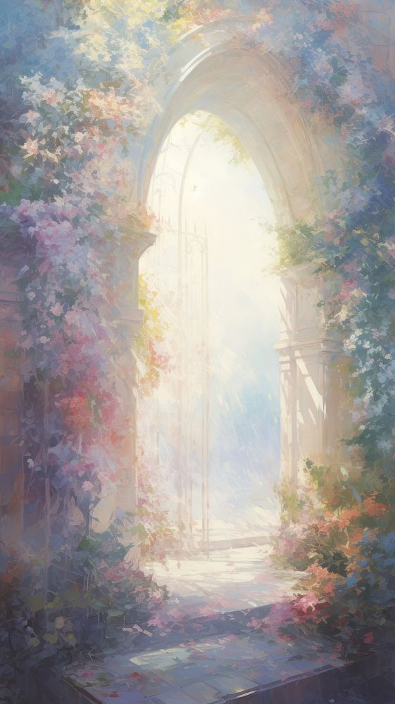 Beautiful secret fairytale garden with flower arches and colorful greenery painting architecture backgrounds.