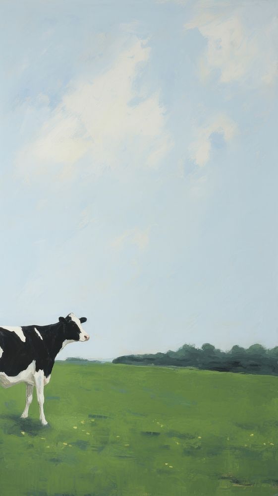 Black and white Holstein dairy cow grazing on the skyline in a green pasture livestock painting mammal.