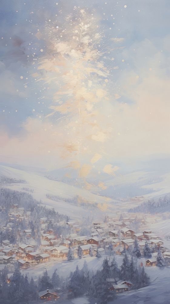 Christmas fireworks over snowy village outdoors painting winter.