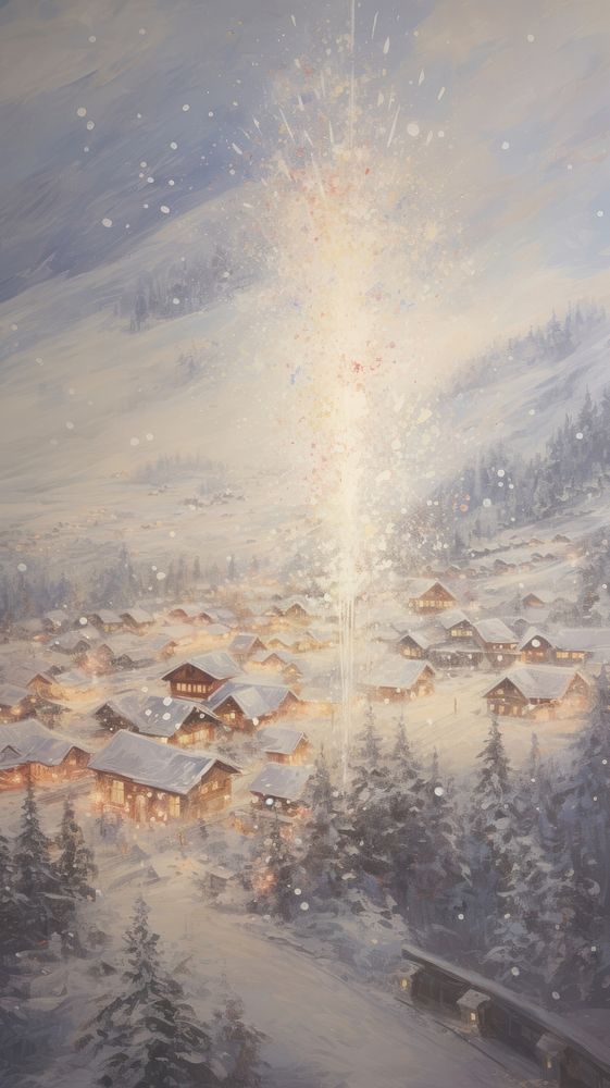 Christmas fireworks over snowy village painting mountain outdoors.