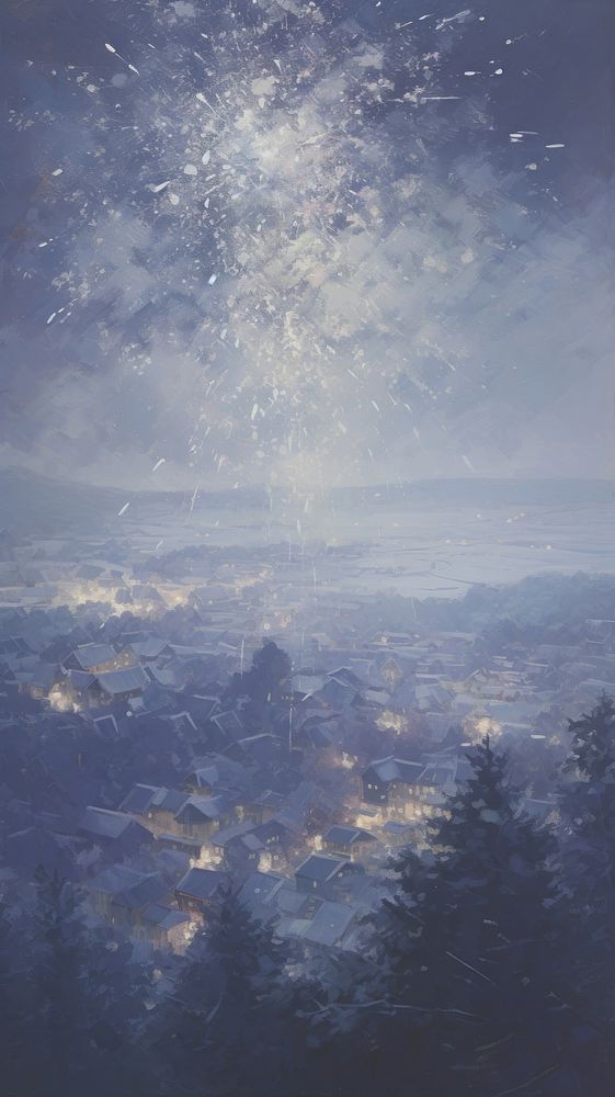 Christmas fireworks over snowy village backgrounds painting outdoors.