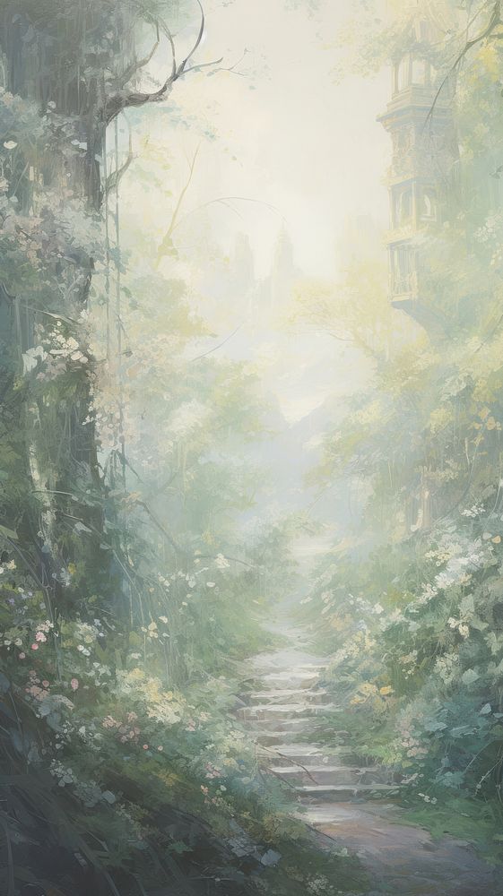 Fantasy fairy tale background with forest and blooming path painting outdoors woodland.