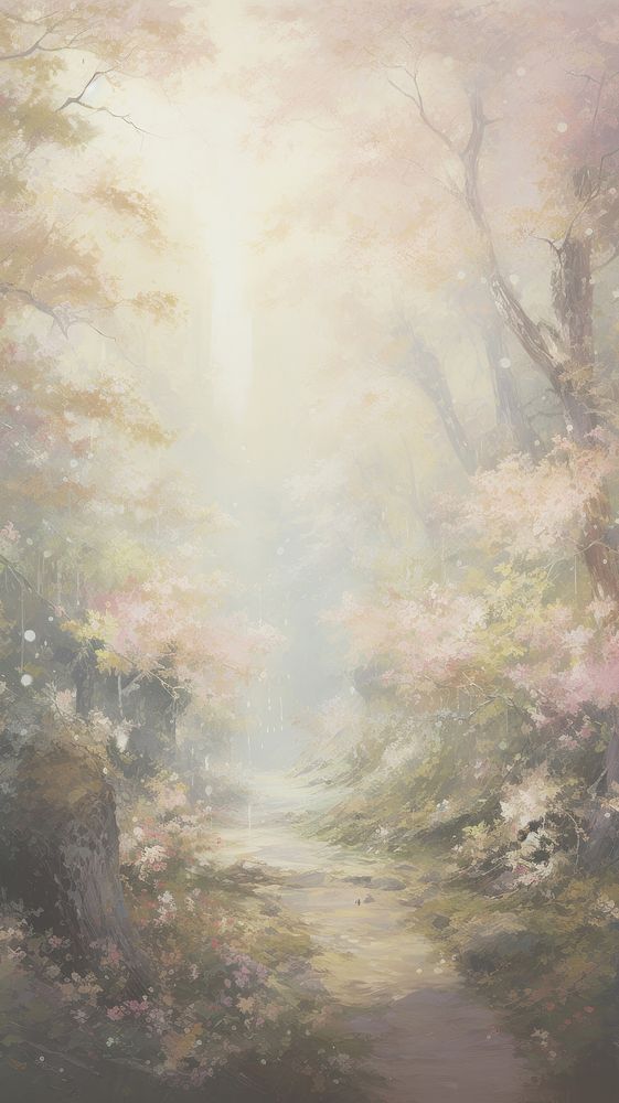 Fantasy fairy tale background with forest and blooming path painting backgrounds sunlight.