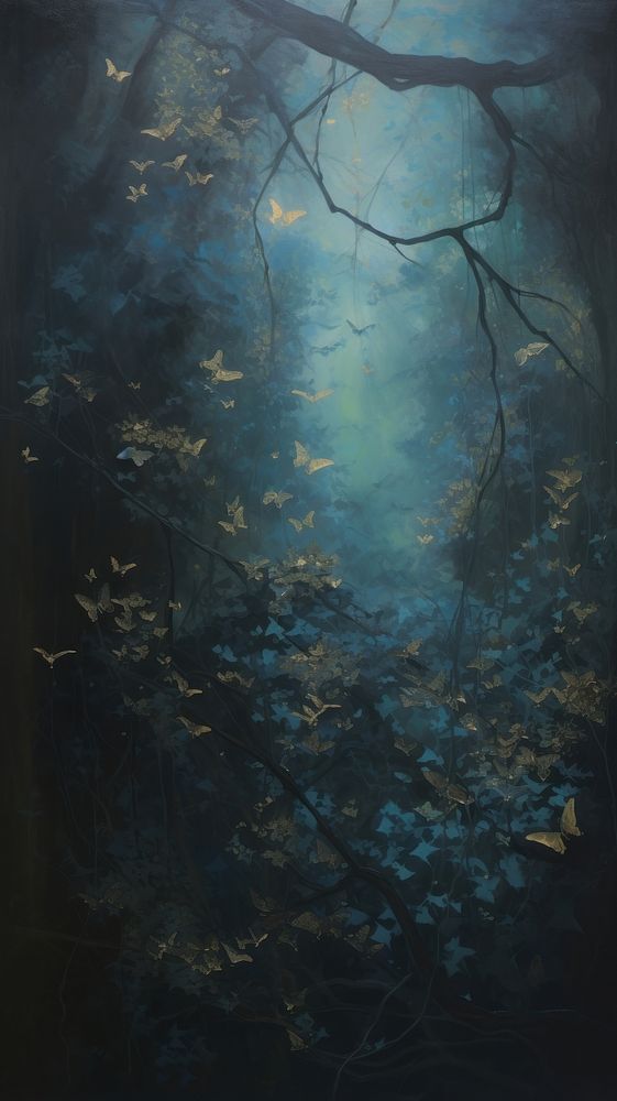 Fantasy forest with glowing butterflies painting backgrounds outdoors.
