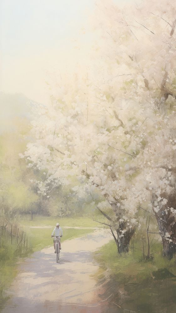 Happy smiling woman rides a bicycle on the country road under the apple blossom trees painting outdoors nature.