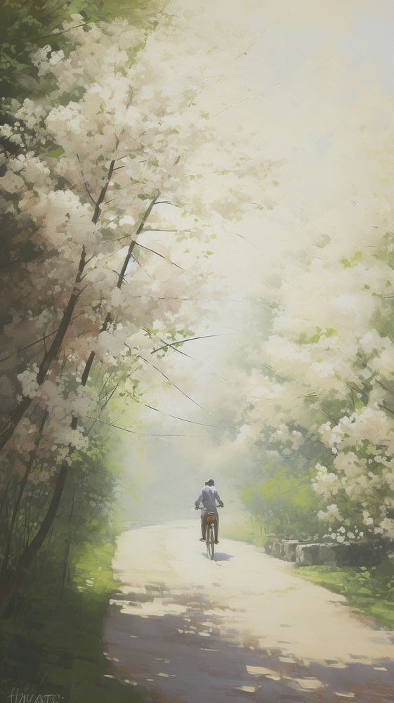 Happy smiling woman rides a bicycle on the country road under the apple blossom trees outdoors painting walking.