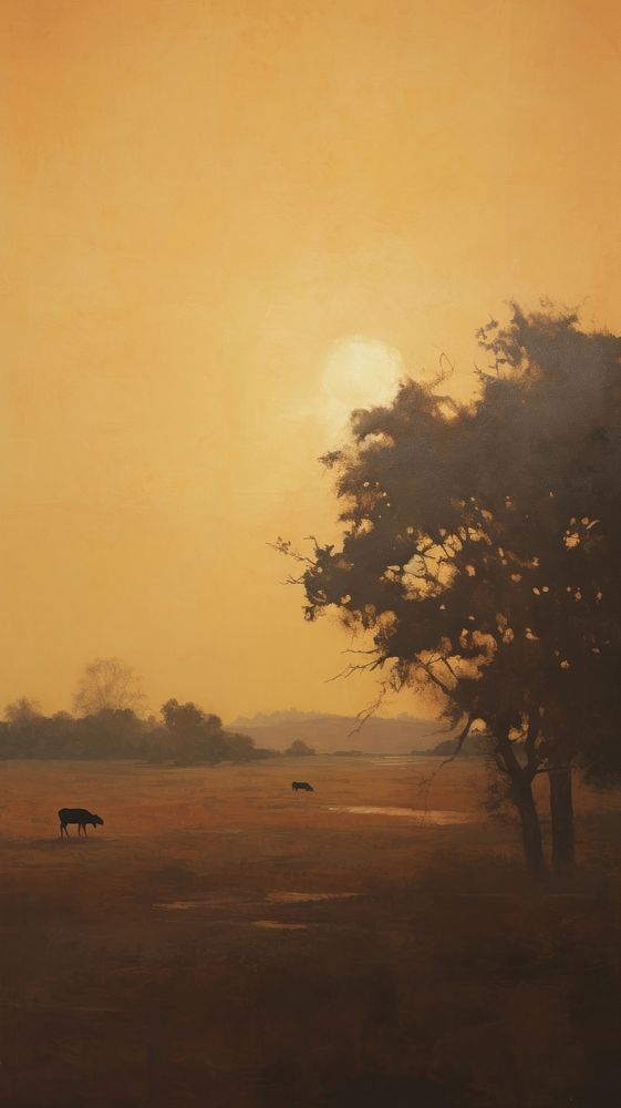 Lonely cow grazing in the setting sun painting grassland livestock.