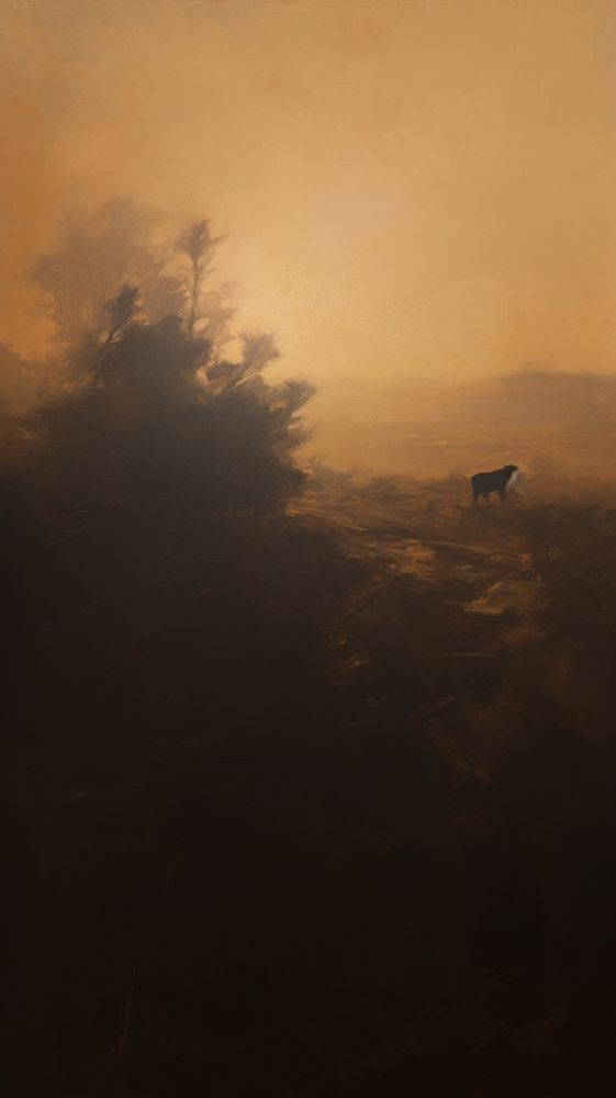 Lonely cow grazing in the setting sun painting nature animal.