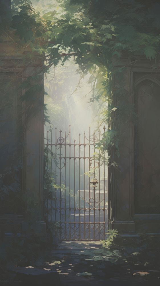 Magical old gate with ivy and flowers leading to an enchanting garden painting outdoors nature.