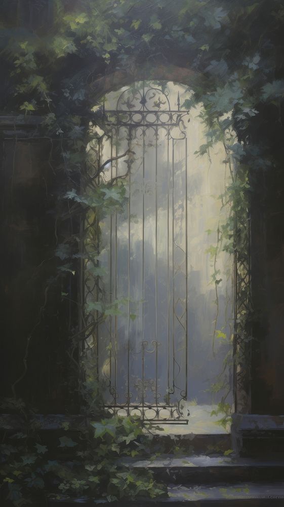 Magical old gate with ivy and flowers leading to an enchanting garden architecture painting outdoors.