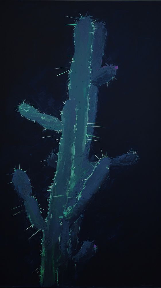Multicolor bioluminescent neon cactus underwater undersea darkness.